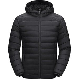 Men's Black Hooded Water-Resistant Outerwear Warm Quilted Puffer Jacket